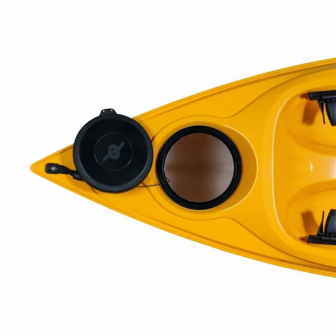 Eddyline Caribbean 10 yellow kayak with open 8" bow hatch. Riverbound Sports authorized Eddyline dealer in Tempe, Arizona.