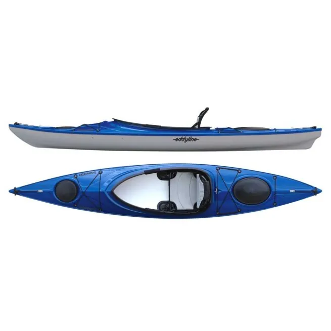Eddyline Kayaks Sandpiper 130 blue silver sit-in kayak features. Available at authorized Eddyline dealer, Riverbound Sports in Tempe, Arizona.