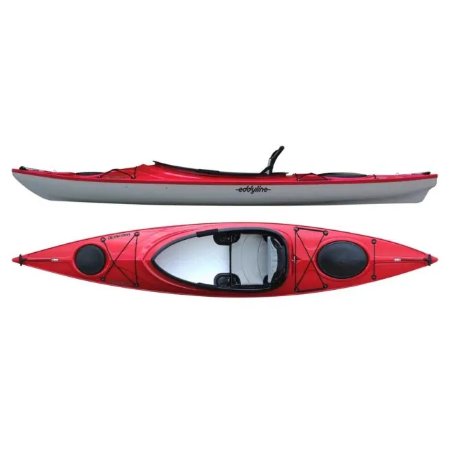 Eddyline Kayaks Sandpiper 130 red silver sit-in kayak features. Available at authorized Eddyline dealer, Riverbound Sports in Tempe, Arizona.