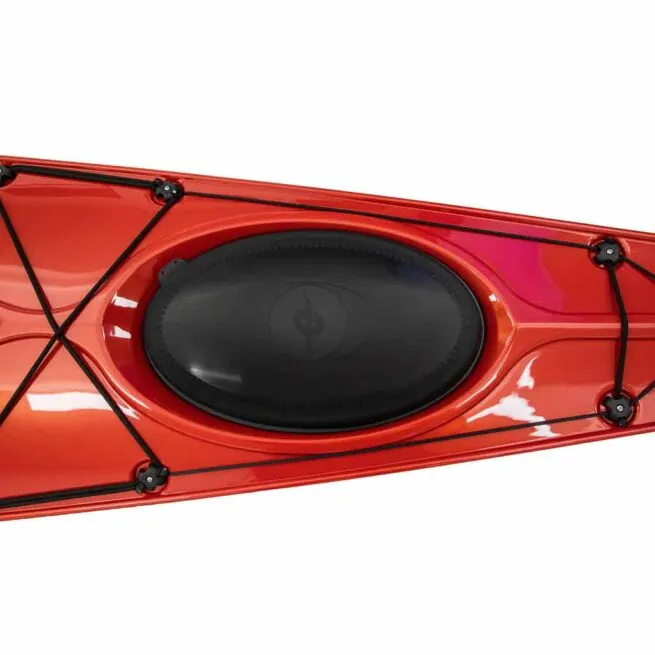 Eddyline Kayaks Sitka LT touring kayak in red. Large oval stern hatch and bungee system. Available at authorized Eddyline dealer, Riverbound Sports in Tempe, Arizona.