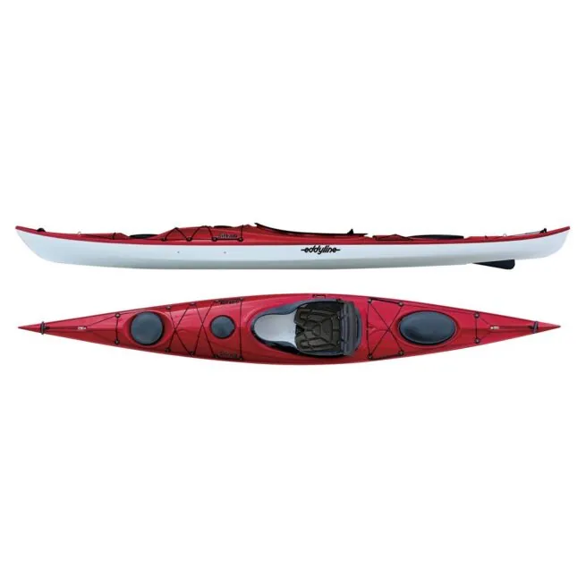 Eddyline Kayaks Sitka LT touring kayak in red. Split image side and top. Available at authorized Eddyline dealer, Riverbound Sports in Tempe, Arizona.