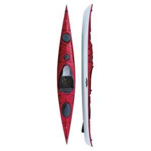 Eddyline Kayaks Sitka LT touring kayak in red. Split image side and top. Available at authorized Eddyline dealer, Riverbound Sports in Tempe, Arizona.