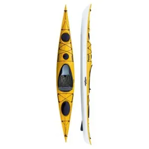 Eddyline Kayaks Sitka LT touring kayak in yellow. Split image side and top. Available at authorized Eddyline dealer, Riverbound Sports in Tempe, Arizona.