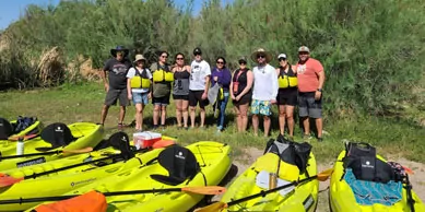 A group getting ready to paddle. Riverbound team building.