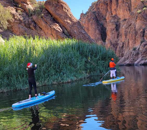 2023 holiday paddle on Canyon Lake. Riverbound Sports paddleboarding tour.