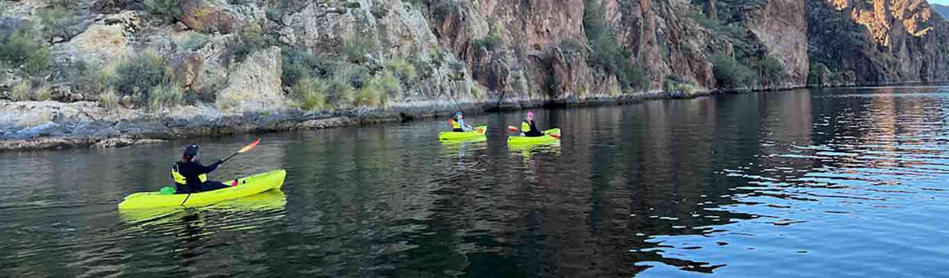 Winter kayaking tour on Saguaro lake with Riverbound Sports.