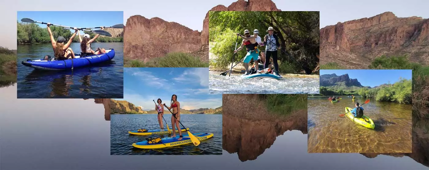 Paddleboarding and kayaking collage on the Salt River, Saguaro Lake and Canyon Lake.