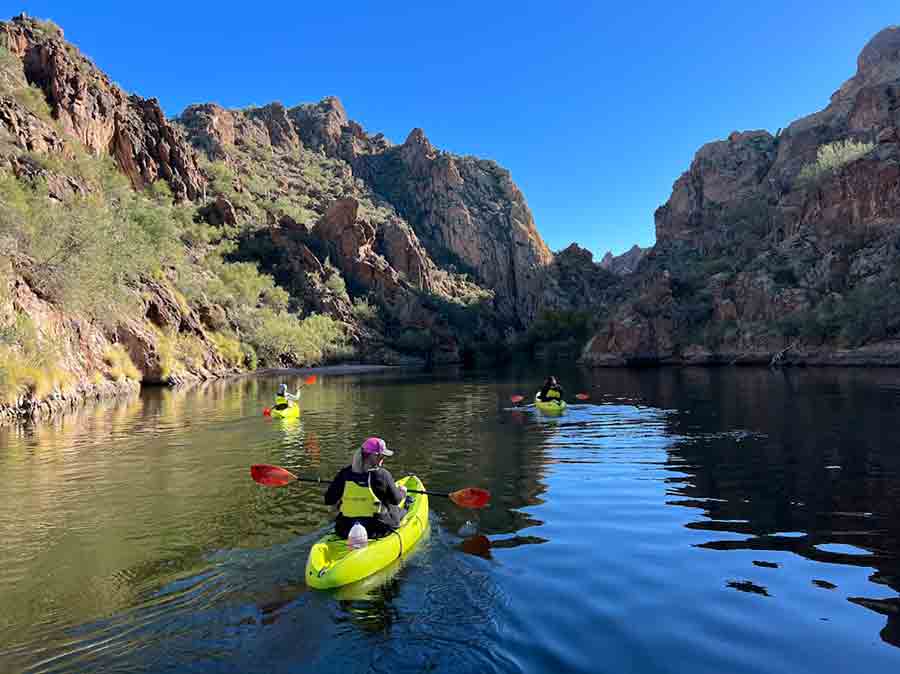 Kayaking Saguaro lake in the Winter. Riverbound Sports Paddle Company tours and rentals.