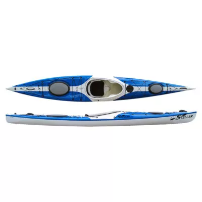 Blue and white Stellar S14 G2 Touring Kayak. Riverbound is a Stellar Kayak authorized retailer in Tempe, Arizona.