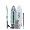 A product display of the BOTE Wulf Aero Inflatable Paddle Board package. It shows the front and back of the teal and white board, a side profile, a 3-piece adjustable paddle, a grey travel bag with teal straps, and a coiled leash.