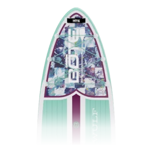 A close-up view of the nose of the BOTE Wulf paddle board. It features a six-point bungee system over a decorative purple and teal mosaic graphic, with a "BOTE" grab handle at the very tip and a MAGNEPOD logo on the center stripe.
