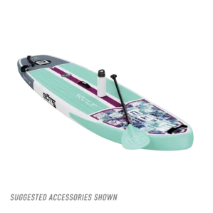 A front-perspective view of the BOTE Wulf inflatable paddle board. The design features a teal deck with a purple racing stripe and a colorful mosaic pattern on the nose. A white water bottle and teal paddle are shown as suggested accessories.