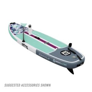 A rear-perspective view of the BOTE Wulf Aero paddle board floating at an angle. The image highlights the AeroUltra construction branding on the side rail and shows suggested accessories like a water bottle and paddle resting on the deck.