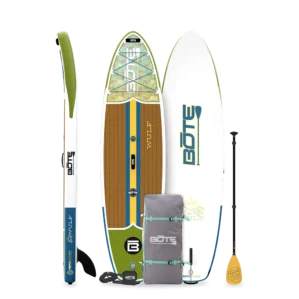 A complete product kit for the BOTE Wulf Aero Inflatable Paddle Board in the "Native" colorway. The image shows the top and bottom of the board featuring wood-grain textures and lime green accents, along with a side profile view, a yellow-bladed adjustable paddle, a coiled leash, and a grey travel backpack with teal straps.