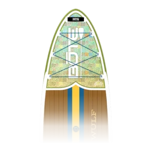 A close-up view of the nose section of the BOTE Wulf paddle board. The image highlights the intricate "Native" graphic pattern, the six-point bungee cord system for gear storage, and the MAGNEPOD™ logo on the central yellow and blue stripe.