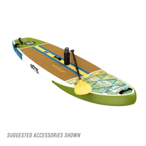 A front-perspective view of the BOTE Wulf inflatable paddle board. The nose features a colorful