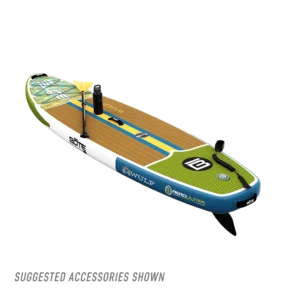 A rear-perspective view of the BOTE Wulf Aero paddle board floating, showcasing the AeroUltra construction logo on the side rail. The deck features a lime green traction pad at the tail, a wood-grain center, and a blue and yellow racing stripe. Suggested accessories including a paddle and water bottle are shown.
