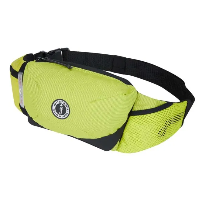 The Mustang Survival Essentialist waist pfd in mahi yellow. Available at Riverbound Sports in Tempe, Arizona.