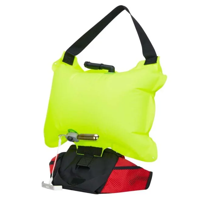 The Mustang Survival Essentialist waist pfd in red inflated. Available at Riverbound Sports in Tempe, Arizona.