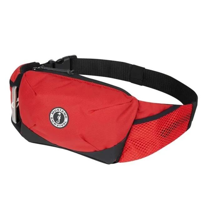 The Mustang Survival Essentialist waist pfd in red. Available at Riverbound Sports in Tempe, Arizona.