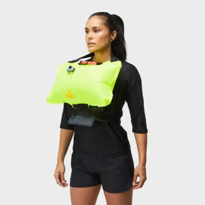 Mustang Survival minimalist waist pfd worn inflated. Available at Riverbound Sports in Tempe, Arizona.