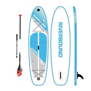 Riverbound Sports 10'6" recreation inflatable paddleboard & Black Project Package in blue and grey. Available at Riverbound Sports in Tempe, Arizona.