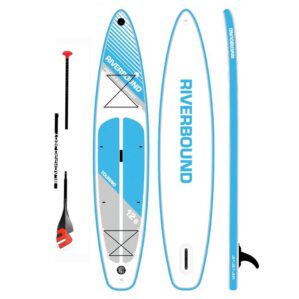 Riverbound Sports 12'6" Touring inflatable paddleboard with free Black Project Ohana Paddle in blue and grey. Available at Riverbound Sports in Tempe, Arizona.