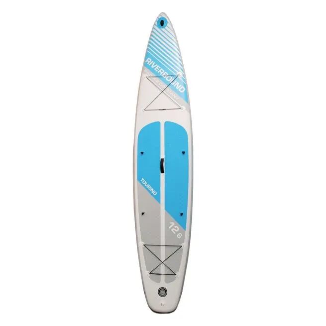 Riverbound Sports 12'6" Touring inflatable paddleboard in blue and grey. Available at Riverbound Sports in Tempe, Arizona.