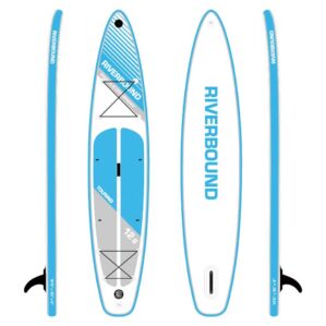 Riverbound Sports 12'6" Touring inflatable paddleboard in blue and grey. Available at Riverbound Sports in Tempe, Arizona.
