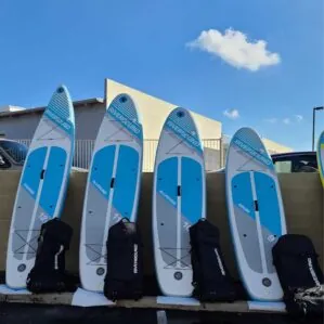 Riverbound Sports inflatable paddleboard in blue and grey. Available at Riverbound Sports in Tempe, Arizona.