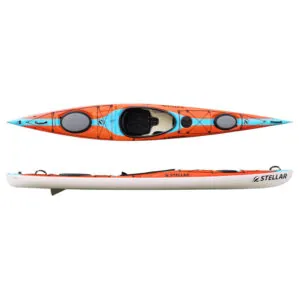 Orange with teal stripe Stellar S14LV kayak on white background. Available at Riverbound Sports in Tempe, Arizona.