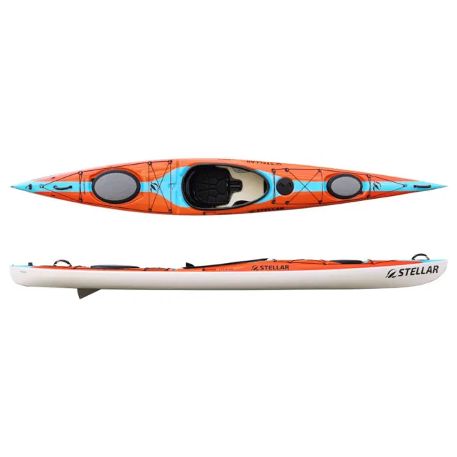 Orange with teal stripe Stellar S14LV kayak on white background. Available at Riverbound Sports in Tempe, Arizona.