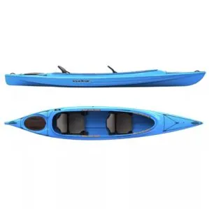 Liquidlogic Saluda 14.5 tandem sit-inside kayak in cool hand blue color. Split image top and side. Riverbound Sports is an authorized Liquidlogic dealer in Tempe, Arizona.