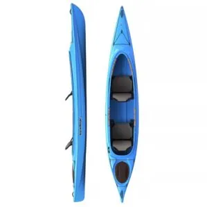 Liquidlogic Saluda 14.5 tandem sit-inside kayak in cool hand blue color. Split image top and side. Riverbound Sports is an authorized Liquidlogic dealer in Tempe, Arizona.