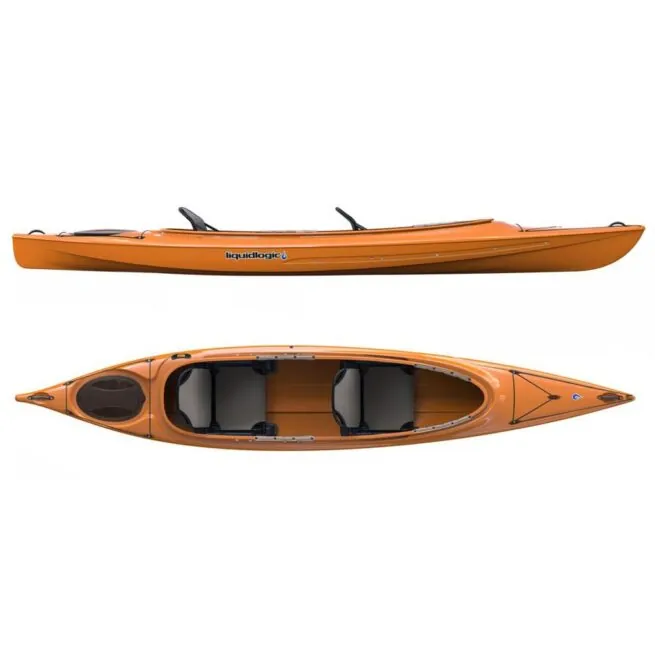 Liquidlogic Saluda 14.5 tandem sit-inside kayak in orange color. Split image top and side. Riverbound Sports is an authorized Liquidlogic dealer in Tempe, Arizona.