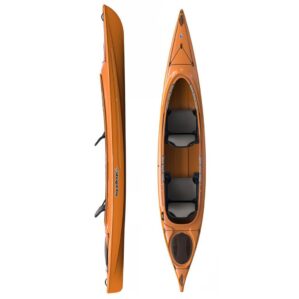 Liquidlogic Saluda 14.5 tandem sit-inside kayak in orange color. Split image top and side. Riverbound Sports is an authorized Liquidlogic dealer in Tempe, Arizona.