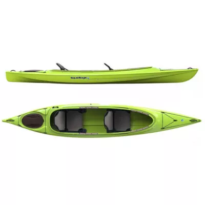 Liquidlogic Saluda 14.5 tandem sit-inside kayak in venom color. Split image top and side. Riverbound Sports is an authorized Liquidlogic dealer in Tempe, Arizona.