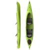 Liquidlogic Saluda 14.5 tandem sit-inside kayak in venom color. Split image top and side. Riverbound Sports is an authorized Liquidlogic dealer in Tempe, Arizona.