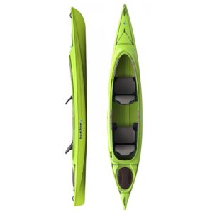 Liquidlogic Saluda 14.5 tandem sit-inside kayak in venom color. Split image top and side. Riverbound Sports is an authorized Liquidlogic dealer in Tempe, Arizona.