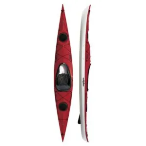 Eddyline Kayaks Sitka ST touring kayak in red. Split image side and top. Available at authorized Eddyline dealer, Riverbound Sports in Tempe, Arizona.