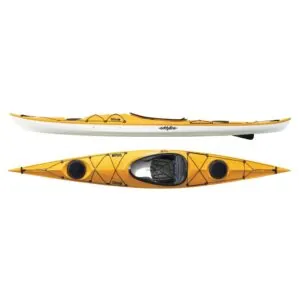 Eddyline Kayaks Sitka ST touring kayak in yellow. Split image side and top. Available at authorized Eddyline dealer, Riverbound Sports in Tempe, Arizona.