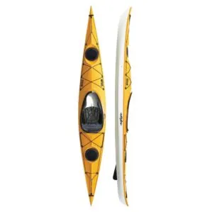 Eddyline Kayaks Sitka ST touring kayak in yellow. Split image side and top. Available at authorized Eddyline dealer, Riverbound Sports in Tempe, Arizona.