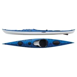 Eddyline Kayaks Sitka XT touring kayak in blue. Split image side and top. Available at authorized Eddyline dealer, Riverbound Sports in Tempe, Arizona.
