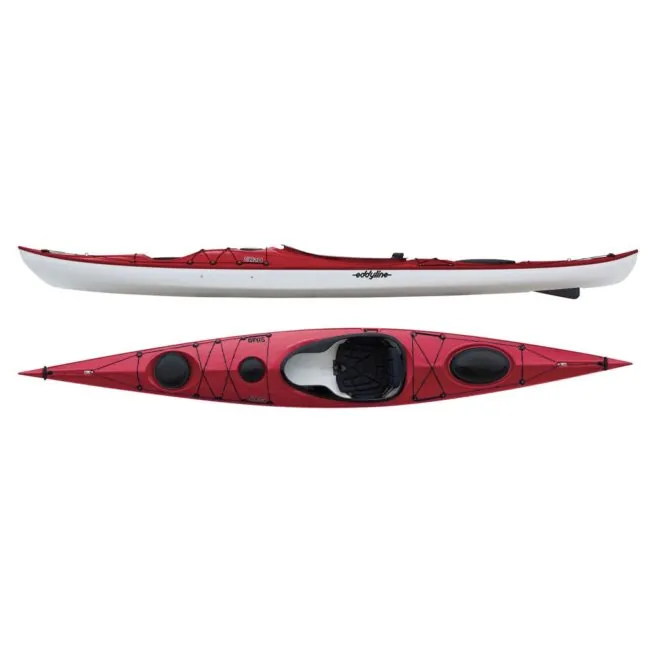 Eddyline Kayaks Sitka XT touring kayak in red. Split image side and top. Available at authorized Eddyline dealer, Riverbound Sports in Tempe, Arizona.