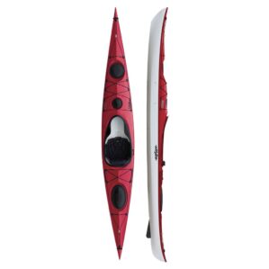 Eddyline Kayaks Sitka XT touring kayak in red. Split image side and top. Available at authorized Eddyline dealer, Riverbound Sports in Tempe, Arizona.