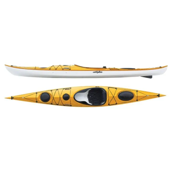 Eddyline Kayaks Sitka XT touring kayak in yellow. Split image side and top. Available at authorized Eddyline dealer, Riverbound Sports in Tempe, Arizona.