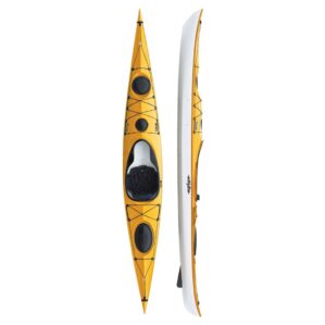 Eddyline Kayaks Sitka XT touring kayak in yellow. Split image side and top. Available at authorized Eddyline dealer, Riverbound Sports in Tempe, Arizona.