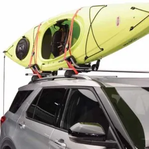 Malone Auto Racks Downloader J Rack Kit with kayak. Available at Riverbound Sports paddle Company in Tempe, Arizona.