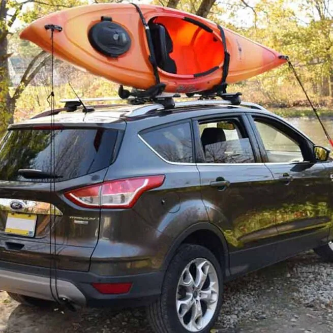 Malone Auto Racks Foldaway J Carrier with single kayak transportation. Available at Riverbound Sports Paddle Company in Tempe, Arizona.
