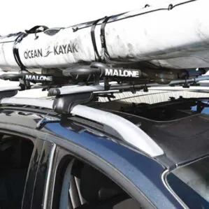 Malone Folding 5 Watercraft Transportation System with a fishing kayak. Available at Riverbound Sports Paddle Company in Tempe, Arizona.